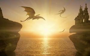 Illustration avec un chateau bati sur des roches et deux dragons qui volent